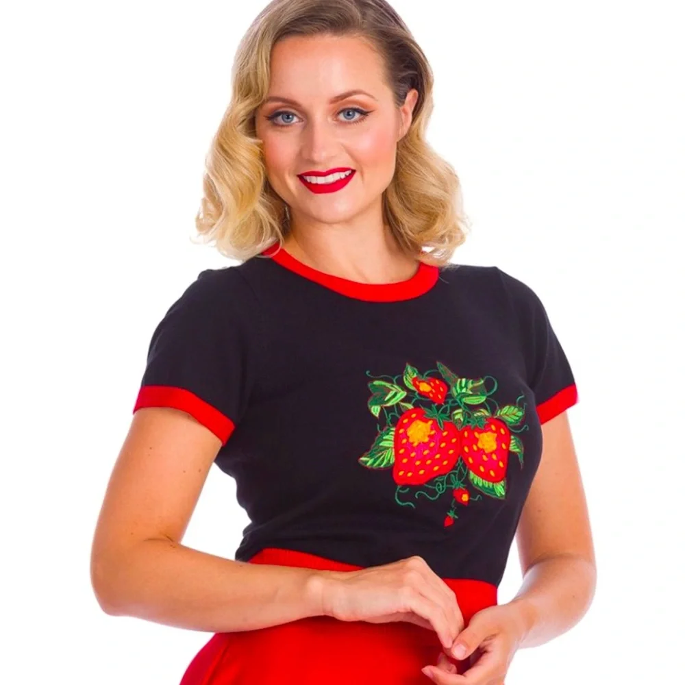 🍓Banned Retro Strawberry 🍓 Fields Knit Vintage Top Black - Picture 1 of 9